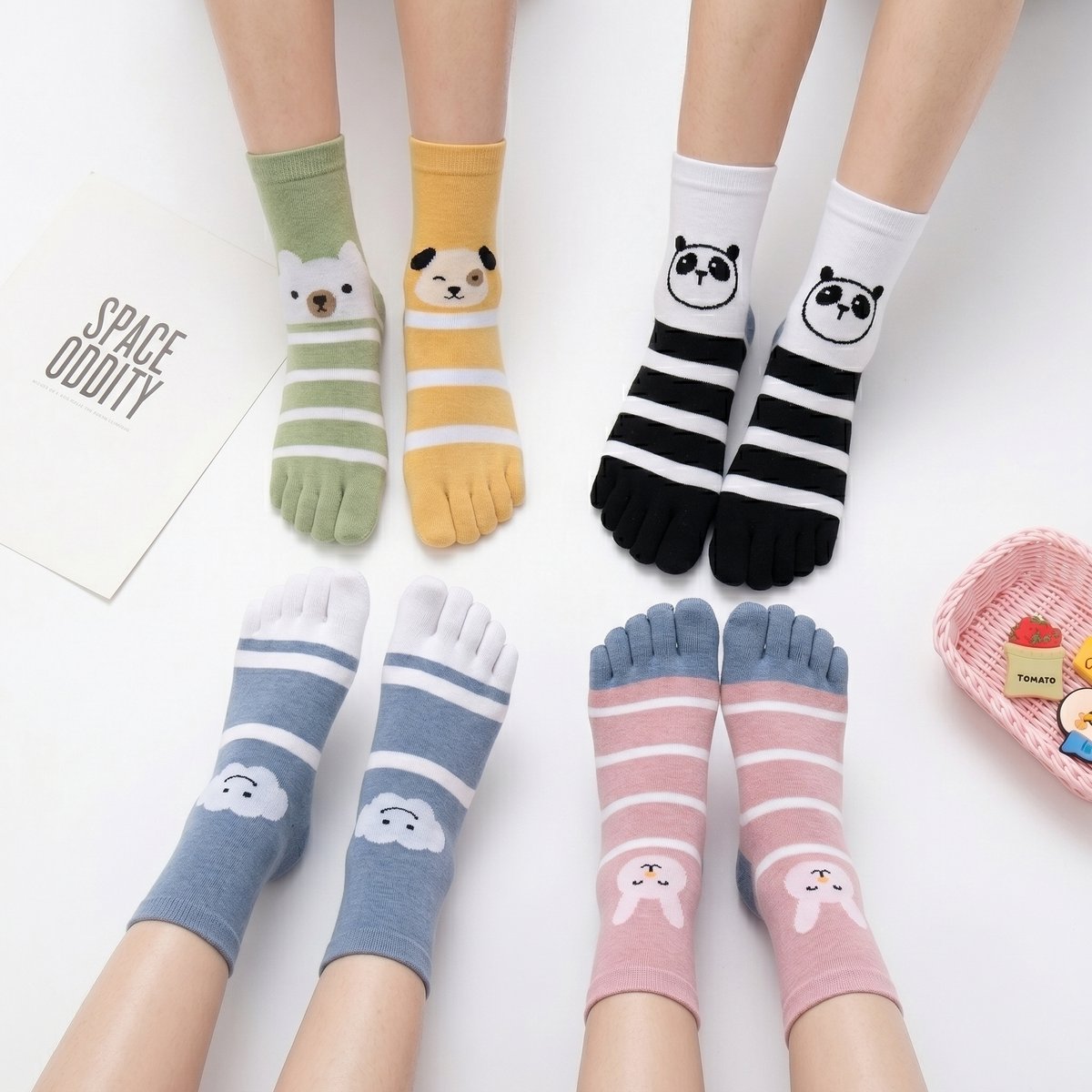 Dames Teensokken - teen sokken - 5 paar - toe socks - roze - grijs - groen - leuke print kat - panda - hond - beer - 36 -40 - cadeau - sport - yoga - fitness - pilates - runner teen sokken - teenslipper sokken