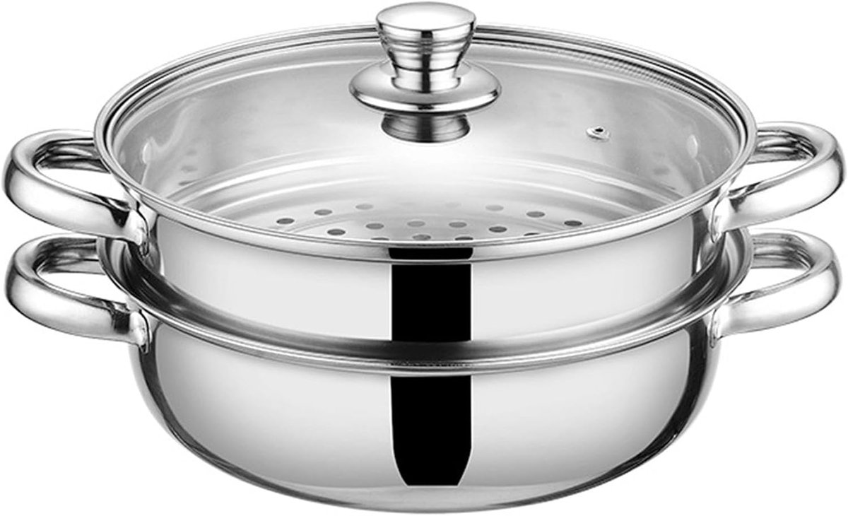 KZQ Stoompan RVS 28cm met Deksel, 2 Lags Multifunctionele Stoomkoker voor Groenten, Dumplings, Pasta en Stoof, (18/8 RVS, Inductiegeschikt) Inductiegeschikt en Vaatwasserbestendig