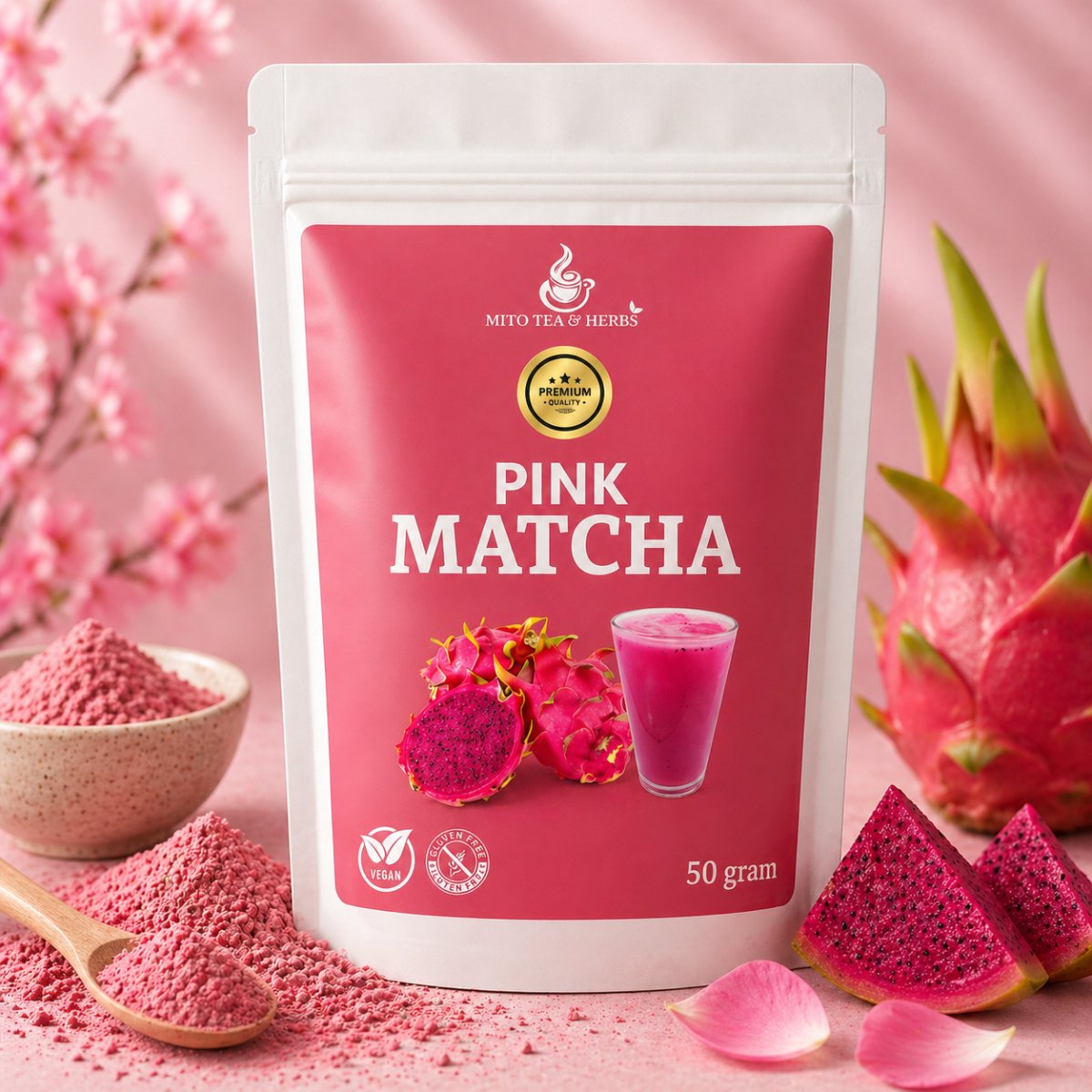 Premium Pink Matcha Thee - 50 Gram - Cafeïne Vrij - Pitaya Dragonfruit Poeder - Rijk aan Vezels - Matcha Latte - Roze Matcha