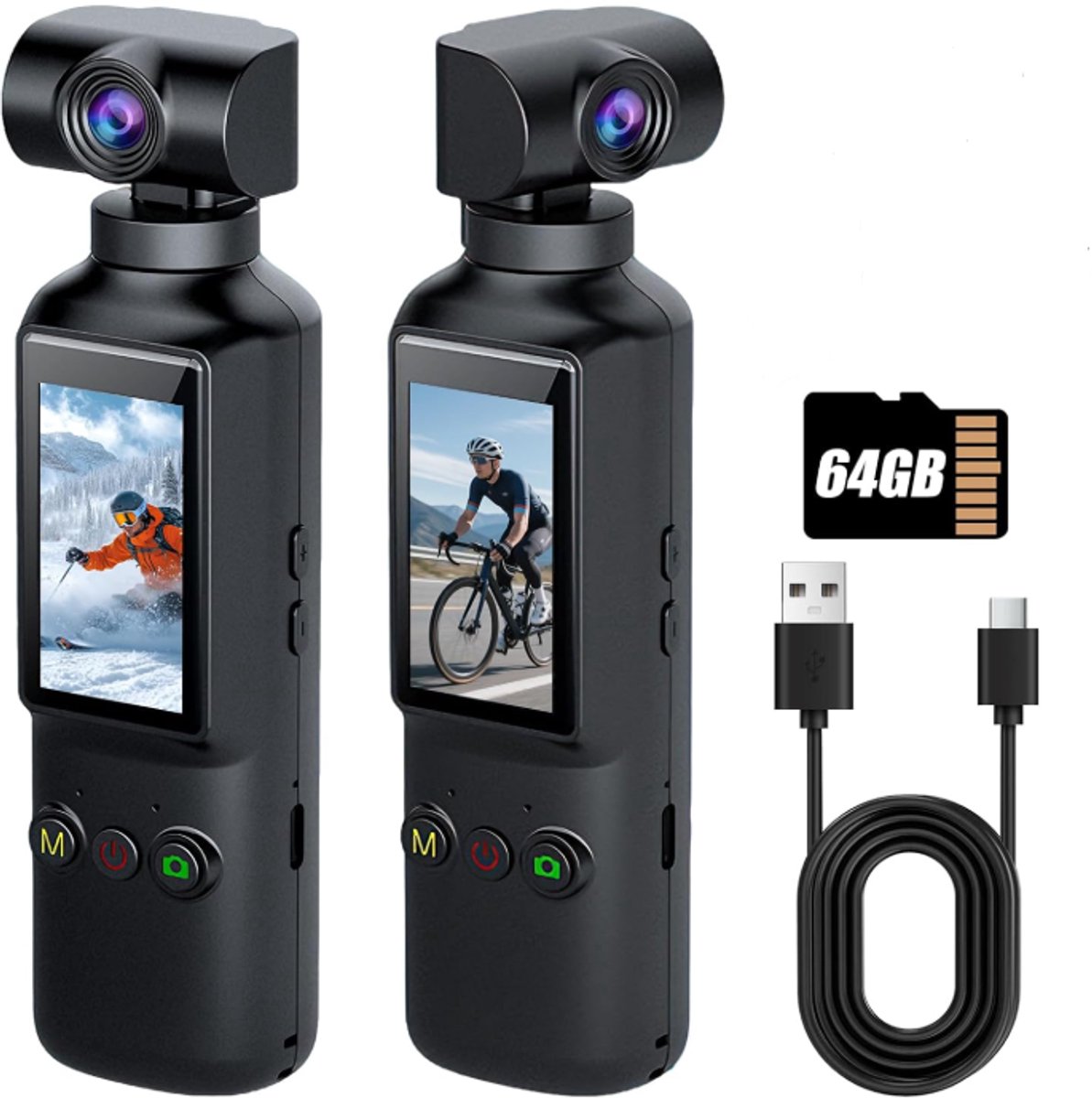 4K actiecamera met 270° draaibare lens, Wi‑Fi sportcamera, 1,99 inch IPS-scherm, 1000 mAh batterij, 64GB geheugenkaart. Perfect voor wandelen en vlogs.