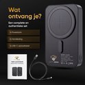Zwarte Golden Sound ES520 powerbank (10000mAh) met magnetische Magsafe-compatibele lader. Inclusief handleiding en USB-C kabel.