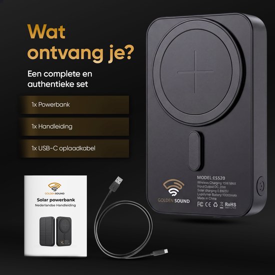 Zwarte Golden Sound ES520 powerbank (10000mAh) met magnetische Magsafe-compatibele lader. Inclusief handleiding en USB-C kabel.