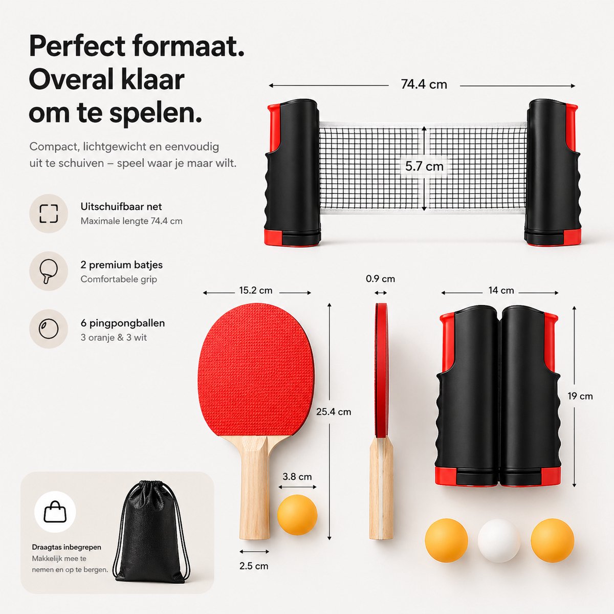 BOTC Tafeltennis Set - 2 Tafeltennisbatjes - 6 Pingpongballen - 1 Tafeltennisnet Uitschuifbaar - Zwart — afbeelding 7