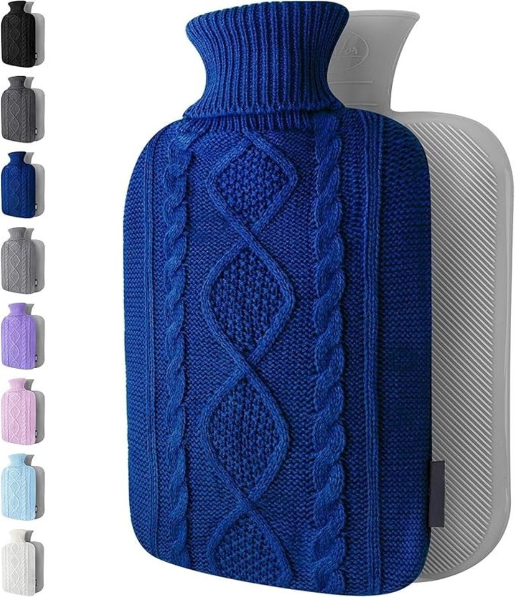 Verte Kruikzak - Warmwaterkruik met Gebreide hoes - Zachte Hoes van Topkwaliteit - Warmwaterkruik voor Pijnverlichting Bij Rug - Nek- en Schouderklachten - Leuk Cadeau voor Vrouwen en Kinderen - Donkerblauw - 1,8 L