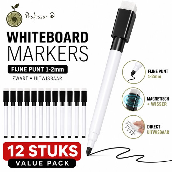 Twaalf zwarte whiteboard markers met witte body en magnetische dop met gum. Fijne punt (1-2mm).