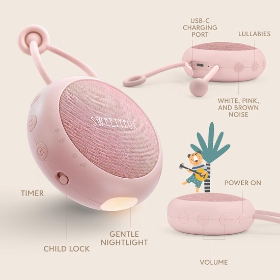White Noise Machine Baby - 15 Geluiden met Nachtlampje, USB Oplaadbaar, Babyslaapliedjes en Witte Ruis, roze — afbeelding 5