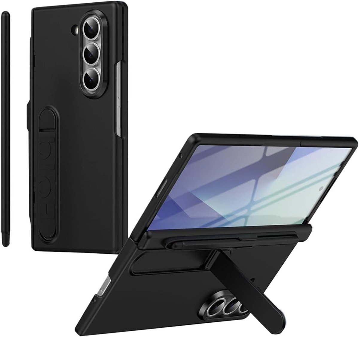 Stand Case voor Galaxy Z Fold 5 met ingebouwde schermbeschermer, scharnierbescherming en penhouder - Z Fold5 opvouwbare hoes in zwart met stylus