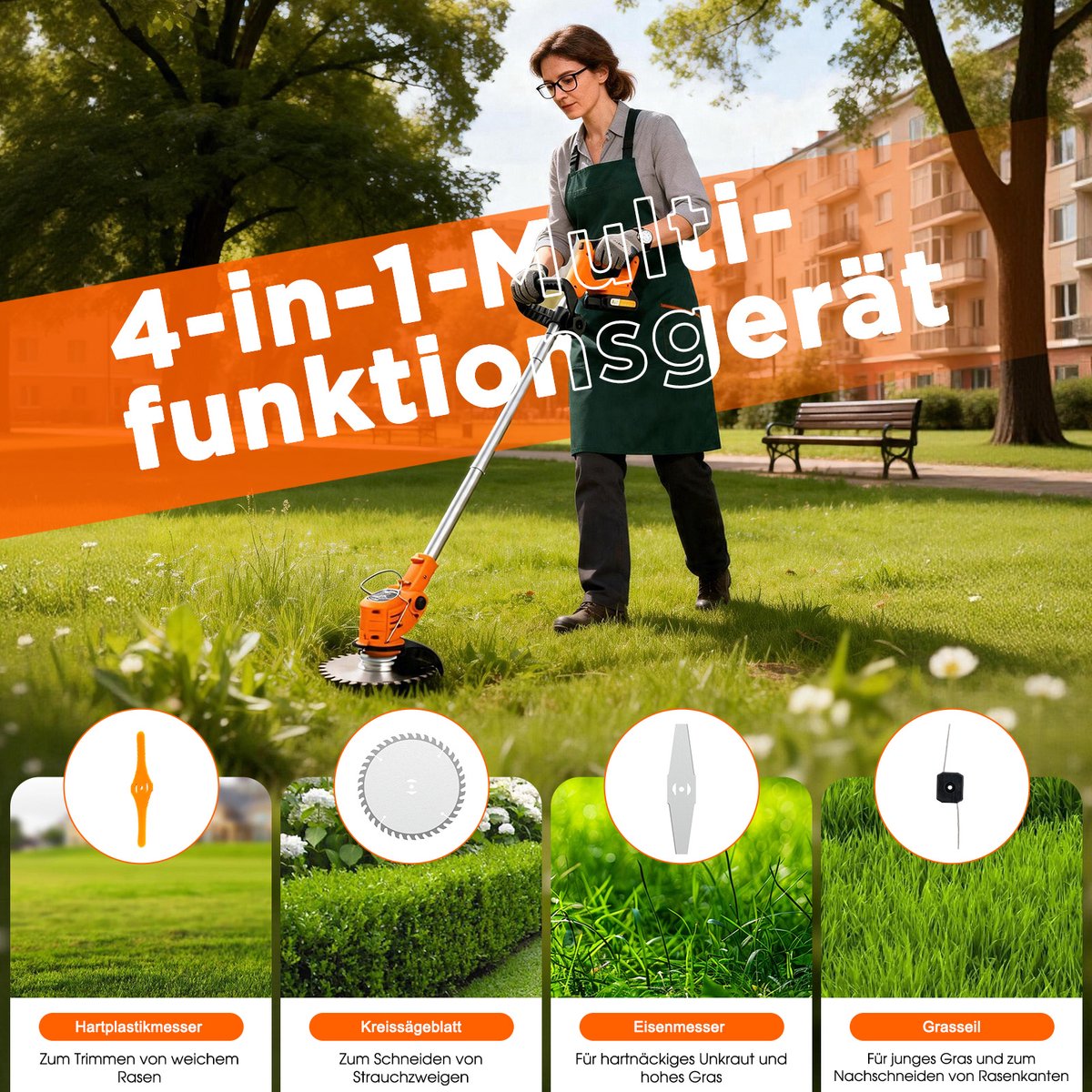 Accu grastrimmer met accu, gazonkantentrimmer met 2 accu's 21V en 4 mestypen + 1 tuinschaar, opvouwbare grasmaaier-Oranje – foto 5
