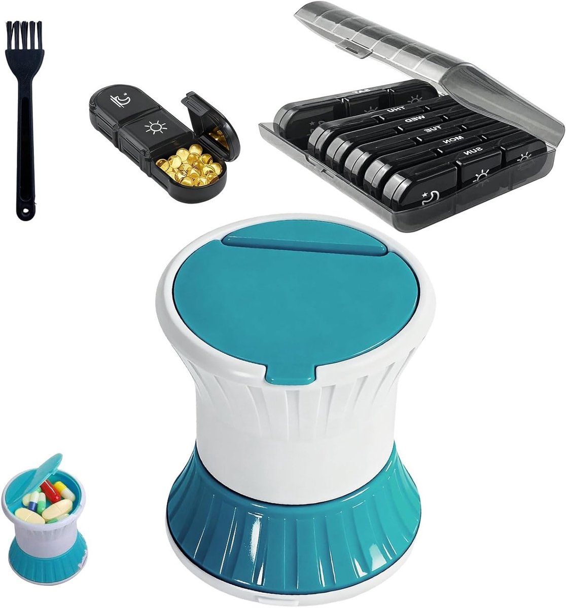 Tablettenvijzel met 3-in-1 functionaliteit, BPA-vrij, 7 dagen tablettenbox, ideaal voor kleine en grote pillen, inclusief reinigingsborstel