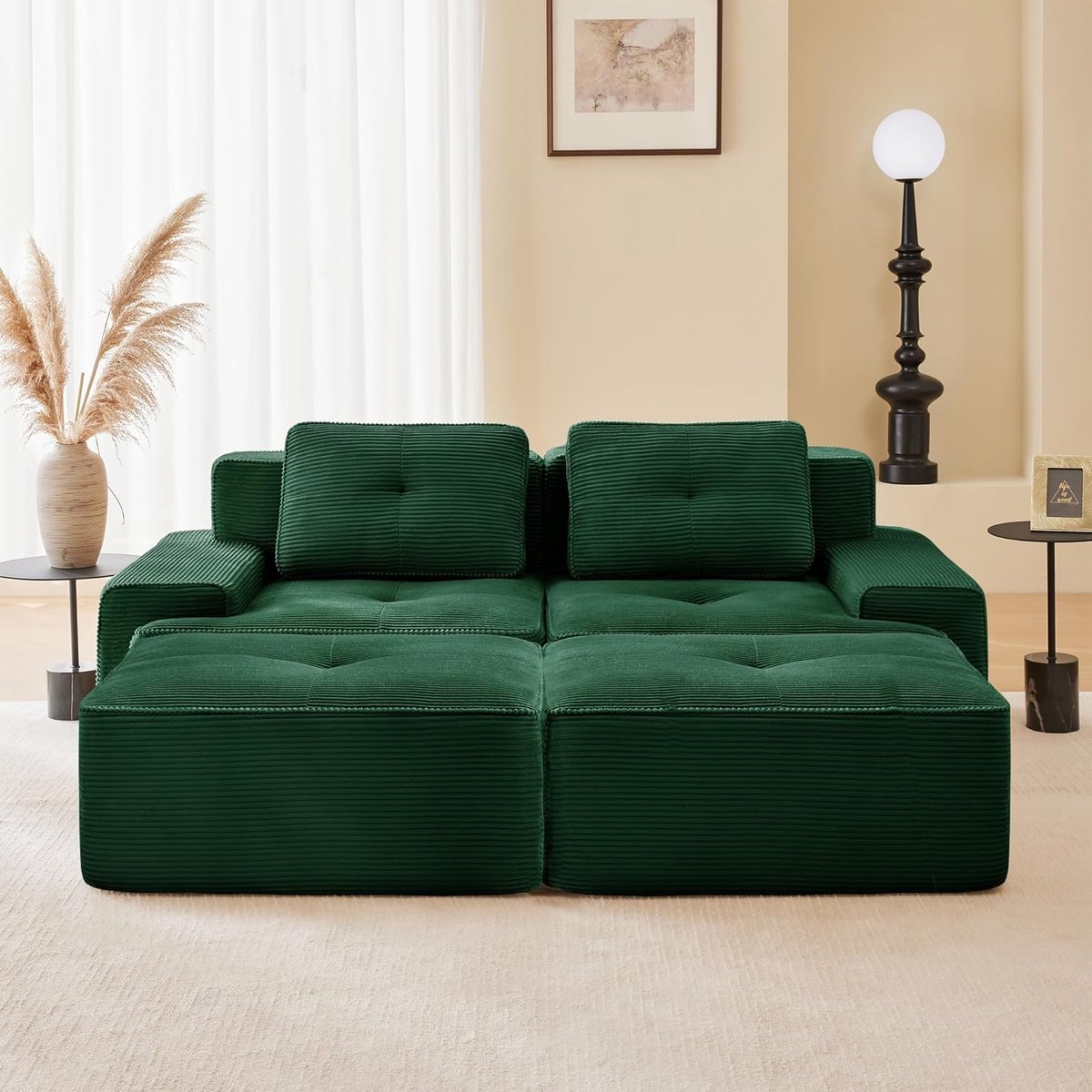 Modulaire Slaapbank 204x177x69 cm Groen – Corduroy Cloud Sofa Loveseat met Poef, Diepe Zit, Boneless Lounge Bank Zonder Montage, 32D High Density Schuim, 4-Zits Woonkamerbank – HomebyNicole