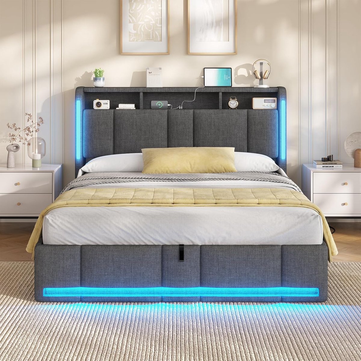 Gestoffeerd tweepersoons opbergbed 140x190 cm met hydraulisch liftsysteem – LED RGB verlichting, USB & USB-C oplaadstation, hoofdeinde met opslag, lattenbodem, linnen donkergrijs – HomeByNicole modern bed met opbergruimte