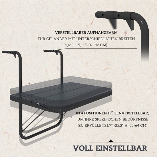 Balkontafel - Inklapbare Hangtafel - Met Aluminium Frame En Houtlook - Voor Balkon En Terras - Zwart — afbeelding 3