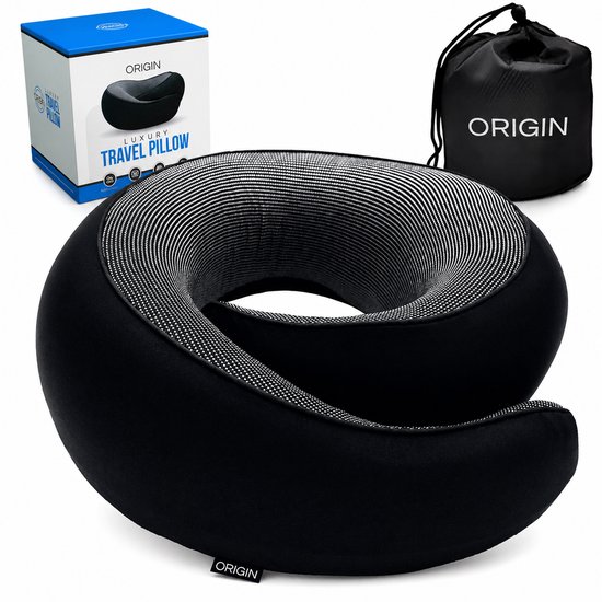 ORIGIN™ Nekkussen Memory Foam – Ergonomisch Reiskussen – 360° Nekondersteuning – Verstelbaar – Wasbare Hoes – Inclusief Draagzak – 77×13×8 cm – Zwart