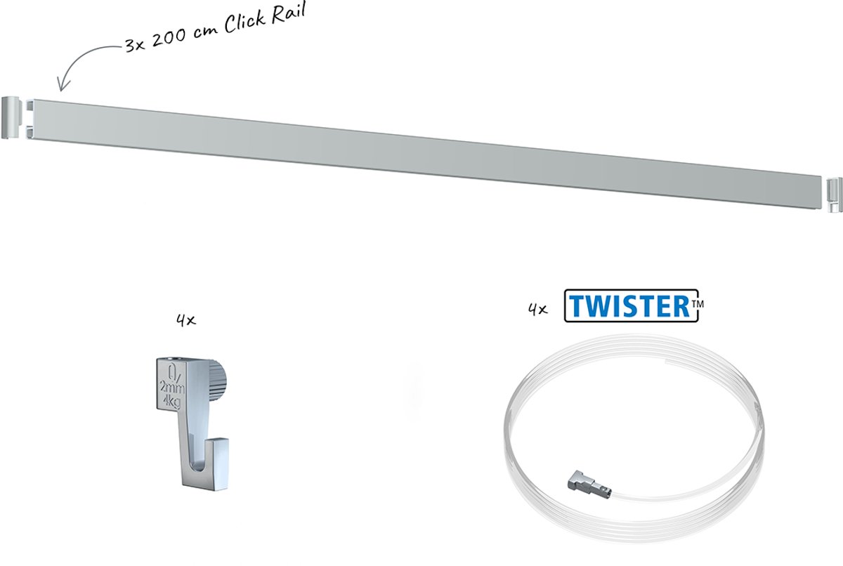 Artiteq Click Rail Schilderij Ophangsysteem 6 meter - Complete Set - Inclusief haken, draden en bevestigingsmaterialen - Aluminium geborsteld - 4 kg/m