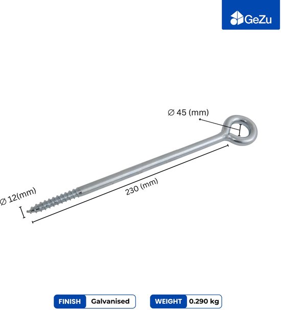 Gegavaniseerde oogschroef met afmetingen: 230 mm lengte, 45 mm oogdiameter, 12 mm schroefdiameter. Afwerking: gegalvaniseerd. Gewicht: 0.290 kg.