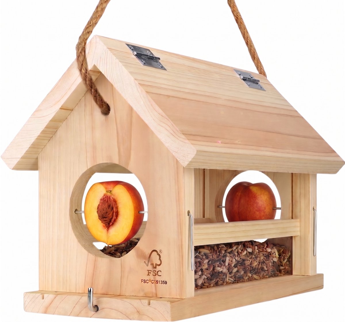 Houten Vogelvoederhuisje Hangend – Voederhuisje voor Tuinvogels met Vetbolhouder, Appelhouders & Voederplatform – Voor Tuin en Balkon – NatureCrafts – 30 cm