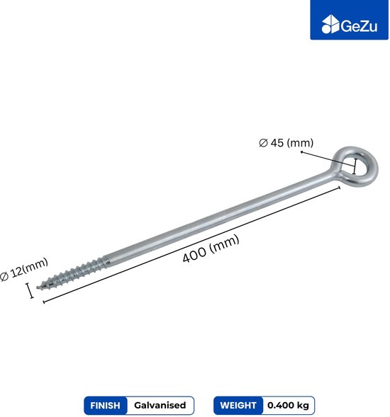 Gegalvaniseerde oogbout van 400mm lang, 45mm oogdiameter en 12mm schroefdiameter.
