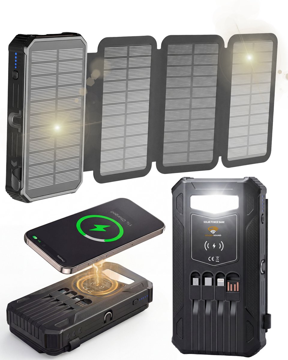 TIBA Golden Sound Solar Powerbank 30.000 mAh met 4 Panelen - TIBA - €49,99
