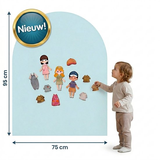 Enfant en tenue beige regardant un autocollant mural arche bleu clair (95x75 cm) avec des poupées et des vêtements. Nouveauté !