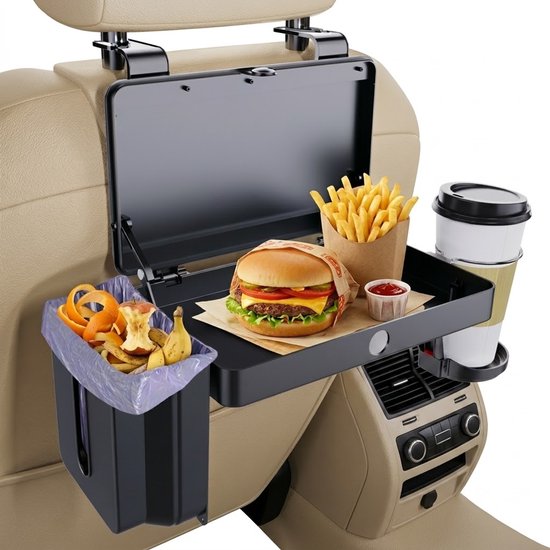 Auto Organizer met Tafel - 3-in-1 Opbergplaat - Eten, Opbergen & Afval - Met Bekerhouder & Tissuehouder - Achterbank Organizer — afbeelding 3