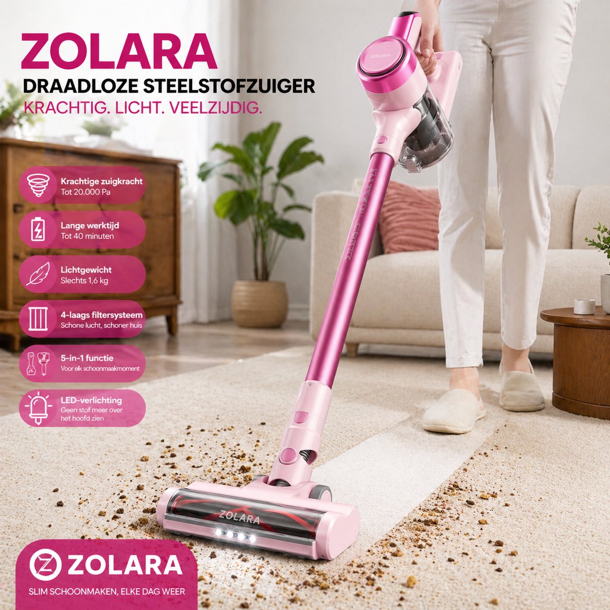 Zolara Draadloze Steelstofzuiger Roze - Zakloos -Krachtige 23 KPA Zuigkracht met LED Display en Lange Accuduur - Roze stofzuiger - Zonder zak - Pink -