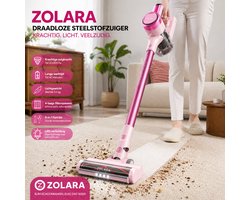 Zolara Draadloze Steelstofzuiger - Roze - Zakloos -Krachtige 23 KPA Zuigkracht met LED Display en Lange Accuduur - Roze stofzuiger - Zonder zak - Pink