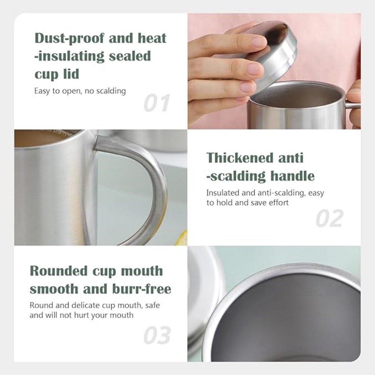 Roestvrijstalen beker / mok — Roestvrijstalen drinkbeker voor thuisgebruik — Dubbelwandig & onbreekbaar — Melkbeker — Koffiebeker met deksel — Geïsoleerde koffie-/theemok met deksel en handvat — Ideaal voor op de camping en dagelijks gebruik — cadeau in Cadeau-ideeën - foto 5