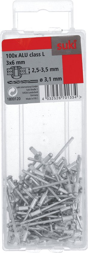 Verpakking van 100 stuks Suki ALU blindklinknagels, 3x6 mm, met afmetingen Ø 3,1 mm.