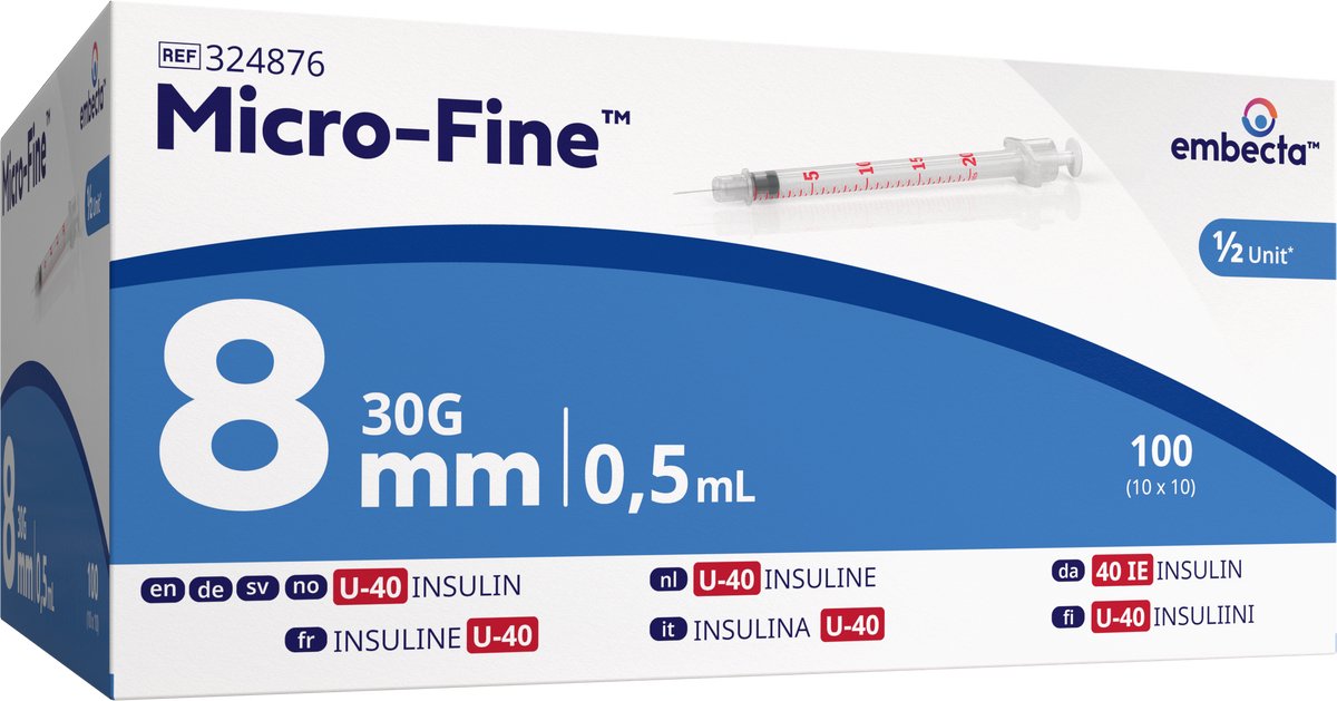 BD Micro-Fine 'Veterinaire' insulinespuiten - U40 - 0.5ml, 30G, 0.30mm x 8mm - per 100 stuks