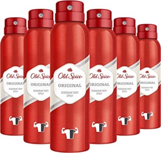 Zes rode Old Spice Original deodorant sprays met witte labels en spier-icoon op de voorkant.