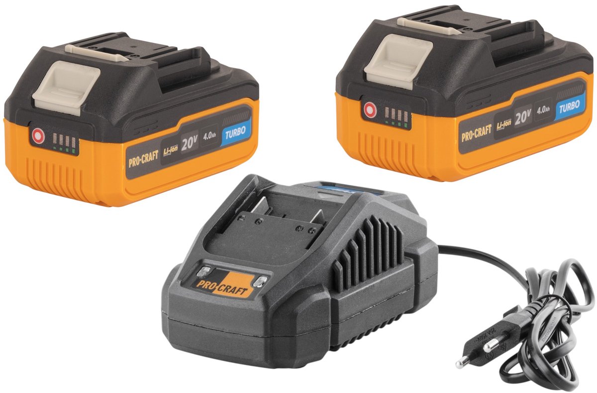 Procraft Starter Pack 20 V 20/2,4A oplader + 2x 20/4 Turbo accu 4,0 Ah