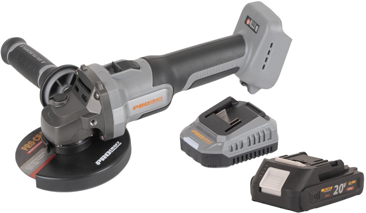Procraft Industrial AG125Abb accu haakse slijper 20 V 125 mm borstelloos + 1x accu 2,0 Ah + oplader