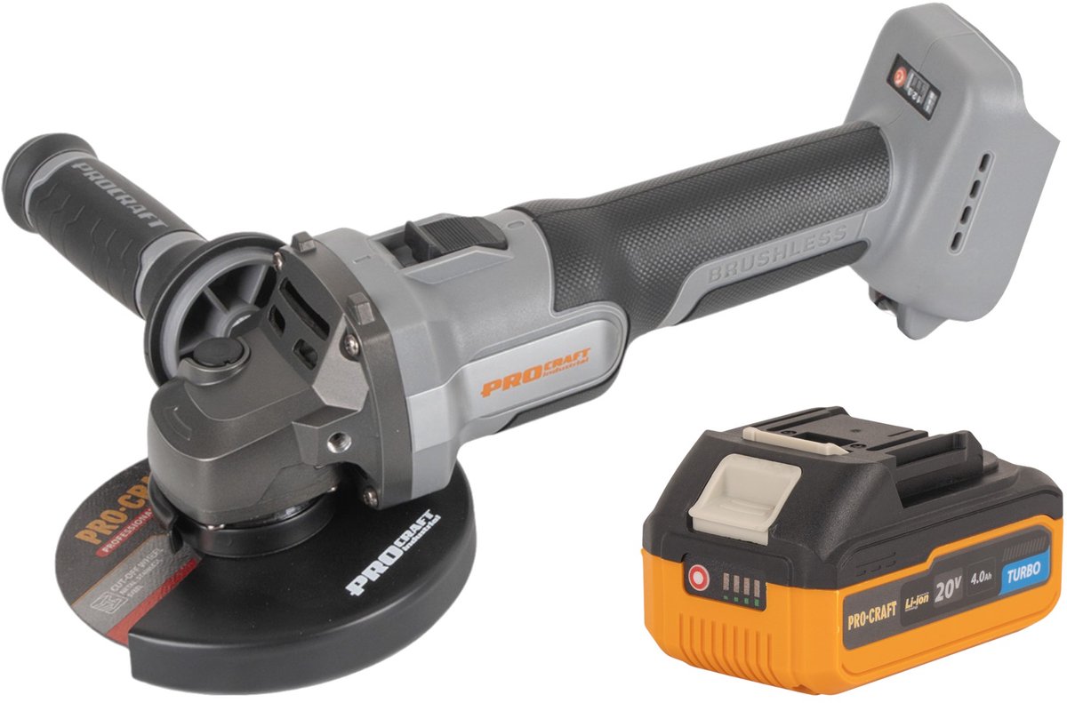 Procraft Industrial AG125Abb accu haakse slijper 20 V 125 mm borstelloos + 1x accu 4,0 Ah - zonder oplader
