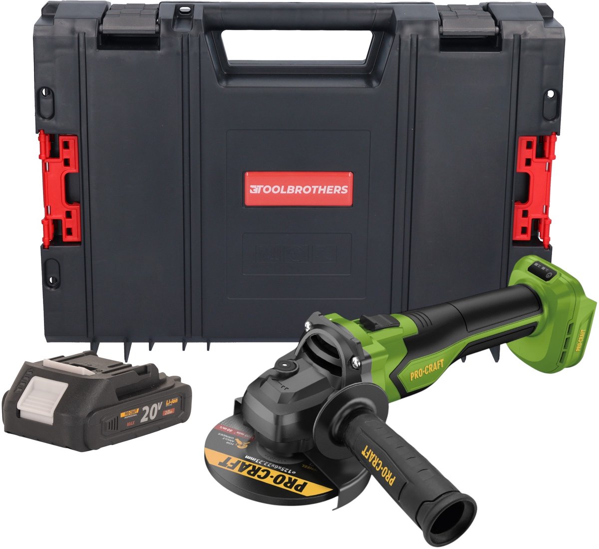 Procraft PGA22-BB accu haakse slijper 20 V 125 mm borstelloos + 1x accu 2,0 Ah + RHINO-gereedschapskoffer - zonder oplader