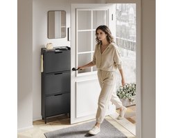 SoBuy Schoenenkast, schoenenrek van hout met led en design, voor hal en hal, voor kleine ruimtes, zwart, 50 x 19 x 131 cm, FSR151-H-E-SCH