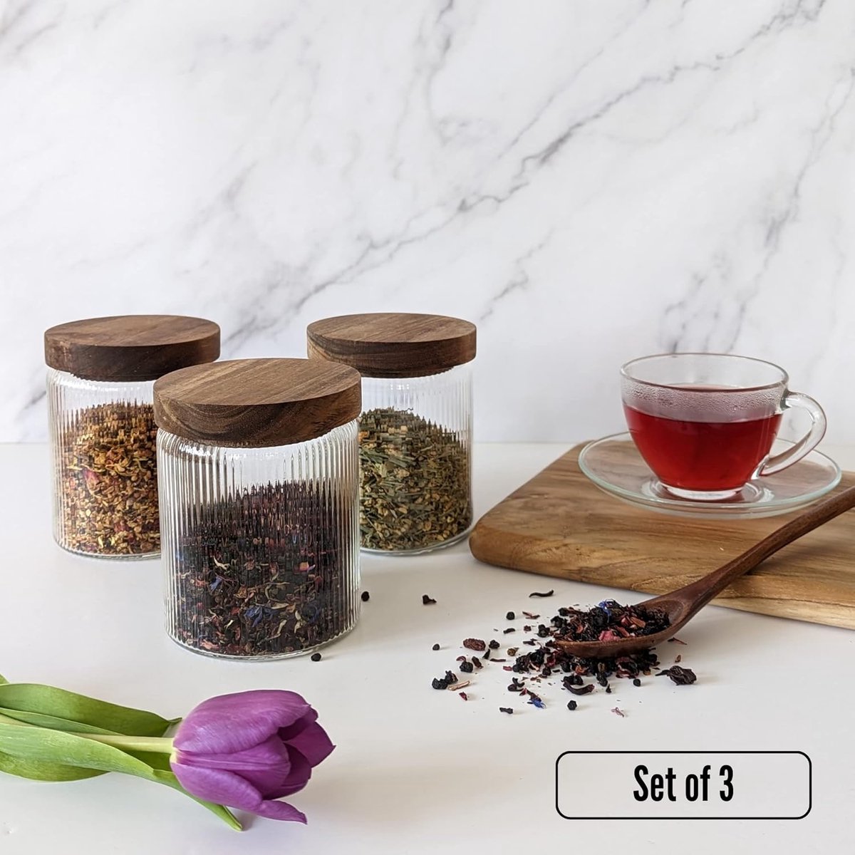 Geribbelde Glazen Pot met Houten Deksel - Set van 3 - Luchtdichte Geribbelde Voorraadpotten voor Voedsel, Thee, Koffie, Snoep & Kruiden - Opbergpotten voor Huis - Keuken - 650 ml - 9x15cm — cadeau in Wonen & Interieur - foto 2