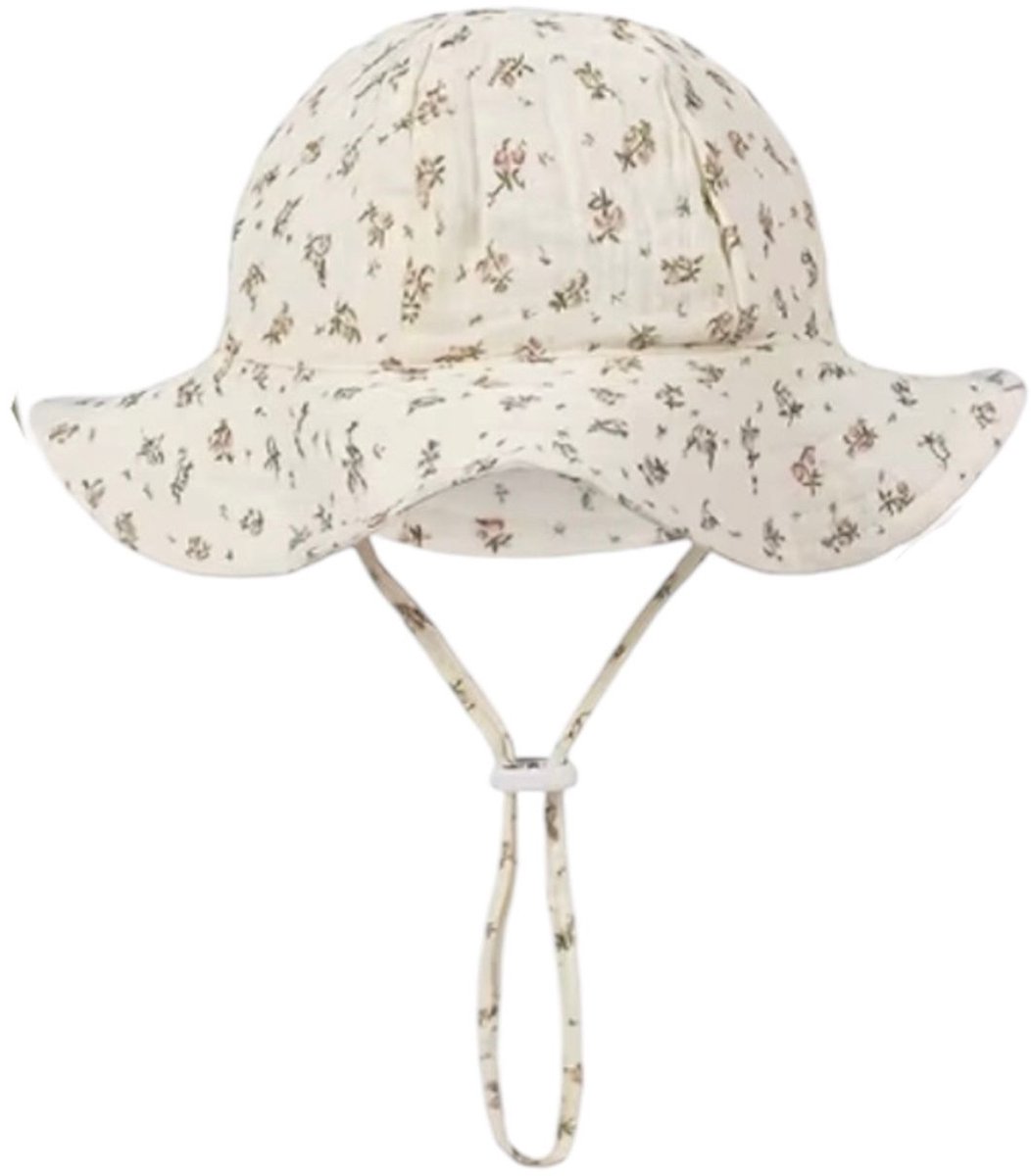Zomerhoed baby - dreumes - meisje - jongen - zonnehoed - zomer - hydrofiele stof - katoen - beige met bloemetjes