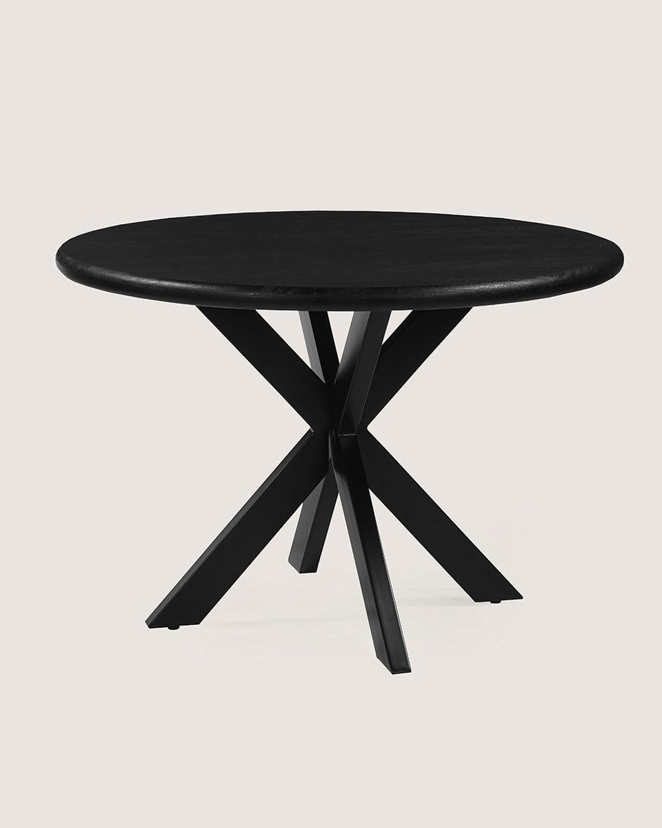 Ronde Eettafel 100 cm Mangohout – Zwart – Zwart Metalen Matrix Onderstel – Landelijk – 4 Personen