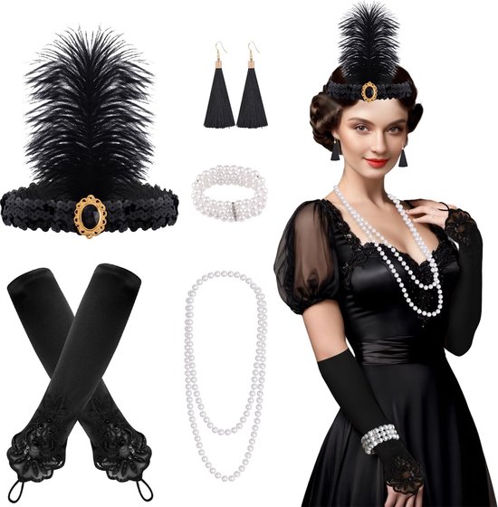 Allecto 1920s Great Gatsby Accessoires - Flapper Set D - Zwart - Hoofdband en Handschoenen - Perfect voor Feest en Bruiloft - 8 Delige Set