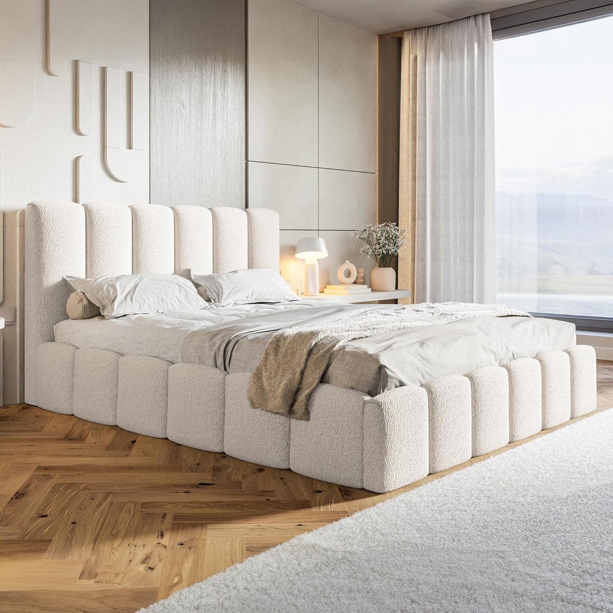 Bedframe 180x200 cm Bouclé Wit met Opbergruimte Hoofdbord & Lattenbodem Modern Bubble Bed Zonder Matras Laura