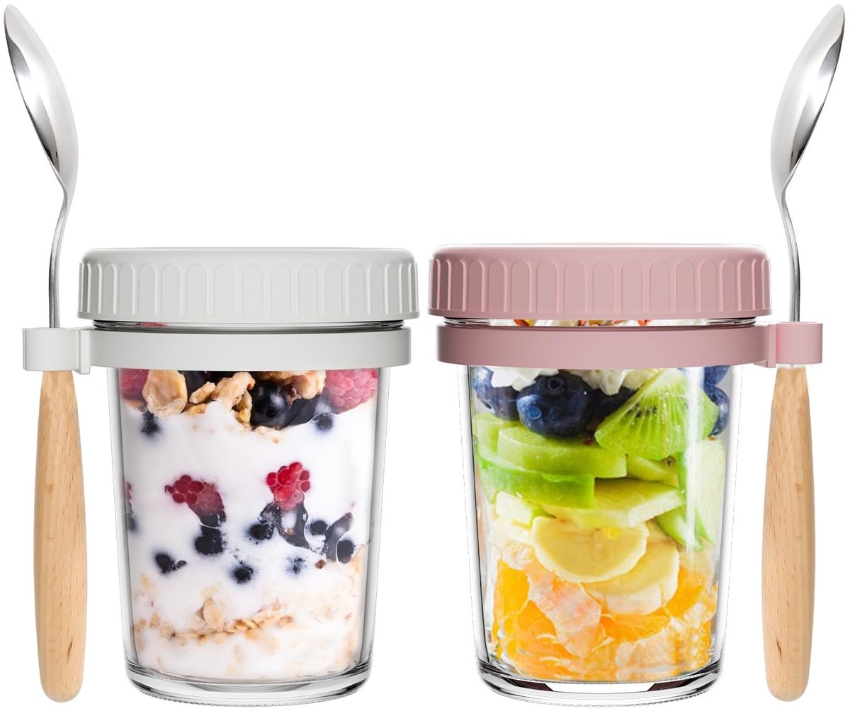 Allecto - Overnight Oat Jars - Ontbijtpotjes - 350ml - Luchtdicht - Geschikt voor Cereal - Wit en Roze