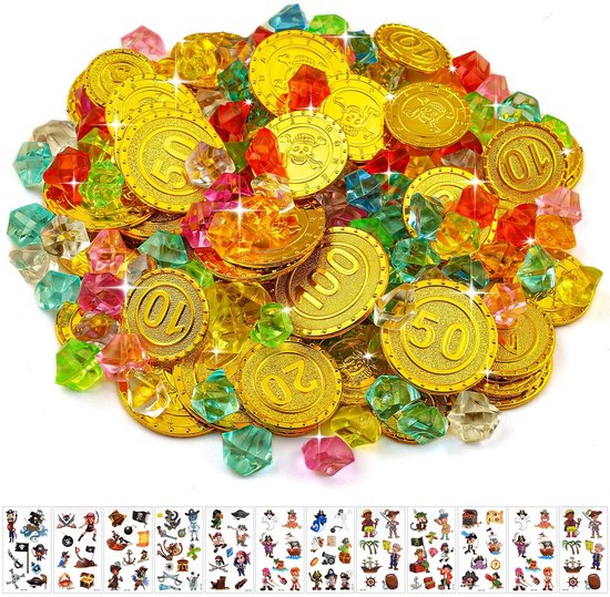 Allecto - Gouden munten - Piraten schatstukken - 100 munten + 100 edelstenen + 12 tattoo-stickers - Kinderfeest - Piratenfeest - Geschikt voor kind...