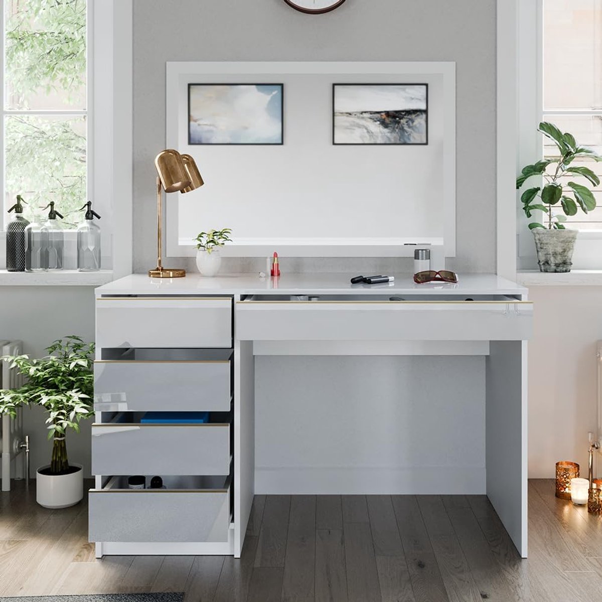 Luxe Kaptafel “Aurelia” Wit/Goud 120 cm zonder spiegel 5 lades 120x55x75 cm