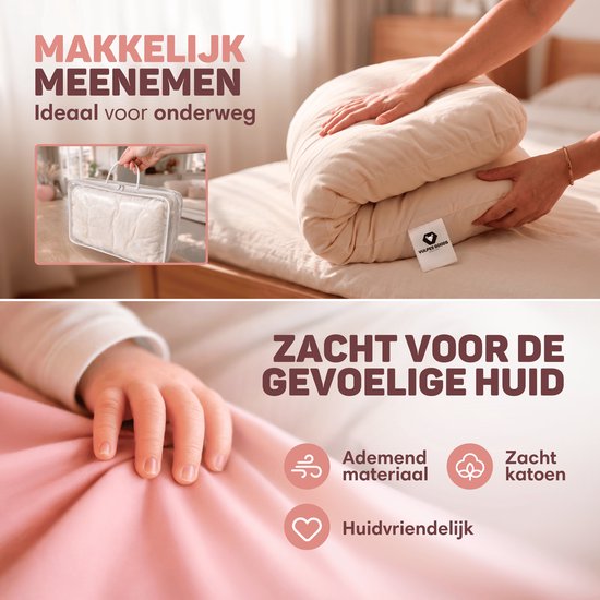 Boven: cremekleurig babynestje gevouwen in een draagtas. Onder: hand die zacht, ademend, huidvriendelijk katoen aanraakt.