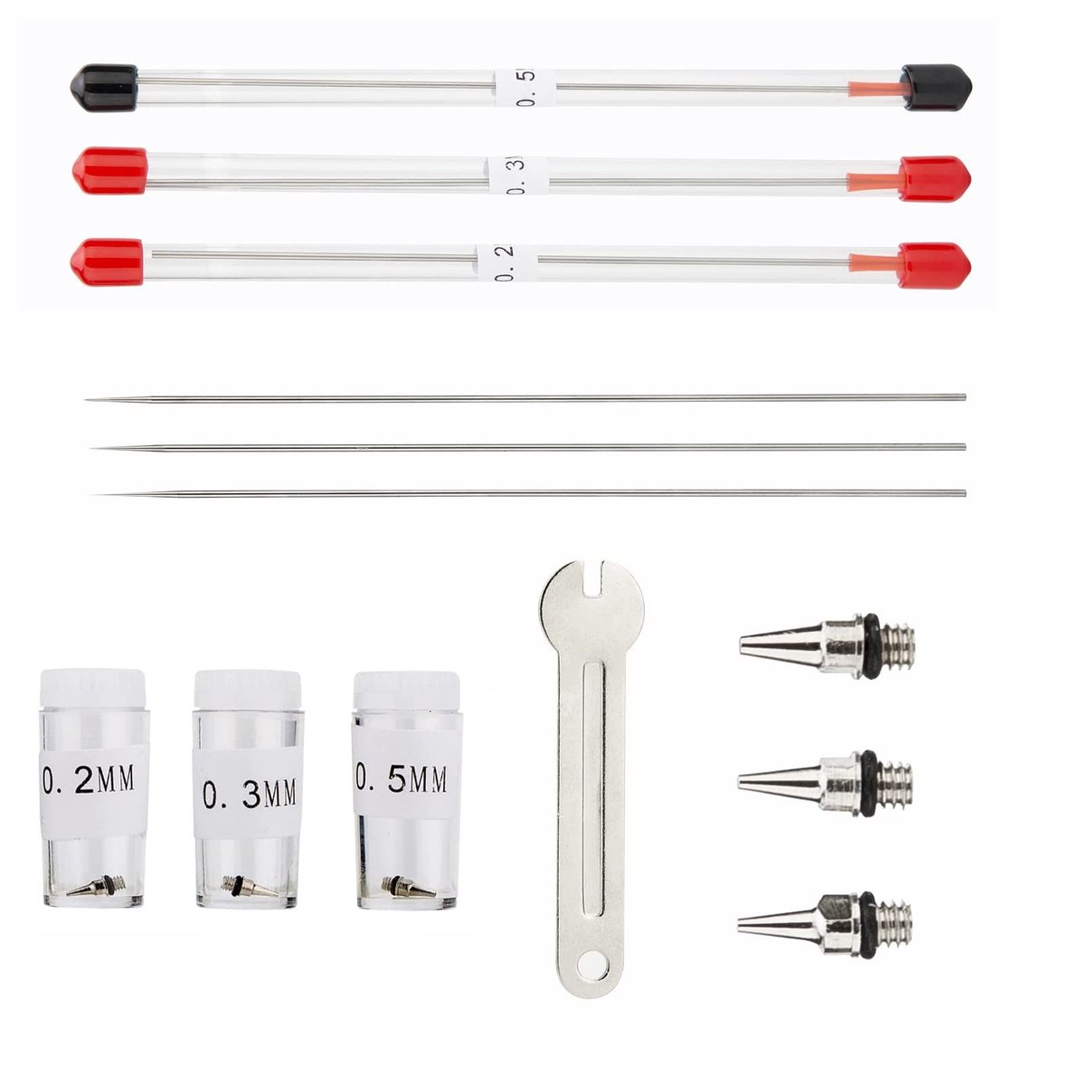 Allecto - Naald En Nozzle Set - Airbrush Set 0.2mm/0.3mm/0.5mm - Vervangende Onderdelen Inclusief Sleutel - Onderhoud Accessoires - Geschikt Voor K...