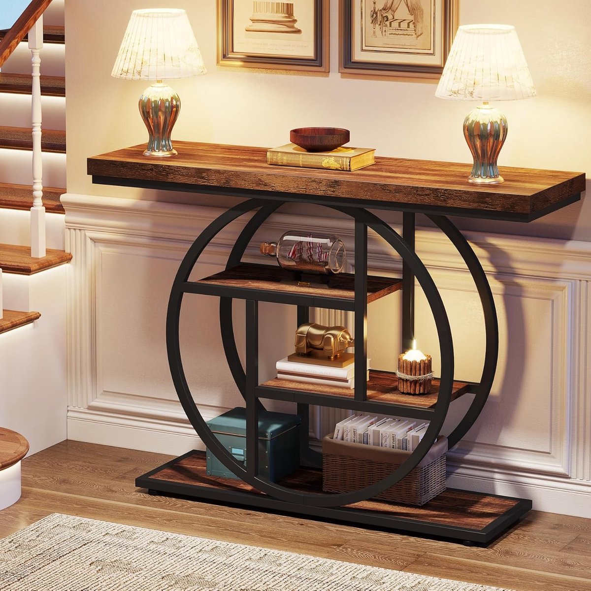 Tribesigns Console Table Narrow 105x30cm Industrial 4 Tier Sofa Table for Living Room Entrance Table with Circular Base Hallway Table with Shelves for Hallway Foyer Rustic Brown