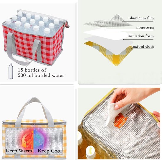 Koeltassen - Geïsoleerde en herbruikbare - Picknicktas - Lunchtas - koeltas met ritssluiting - Lunch Bag - Geïsoleerde Koeltas - Isolatie - voor strand, buitenfeesten, picknick,kamperen en festivals - 35*20cm - Rood — afbeelding 3