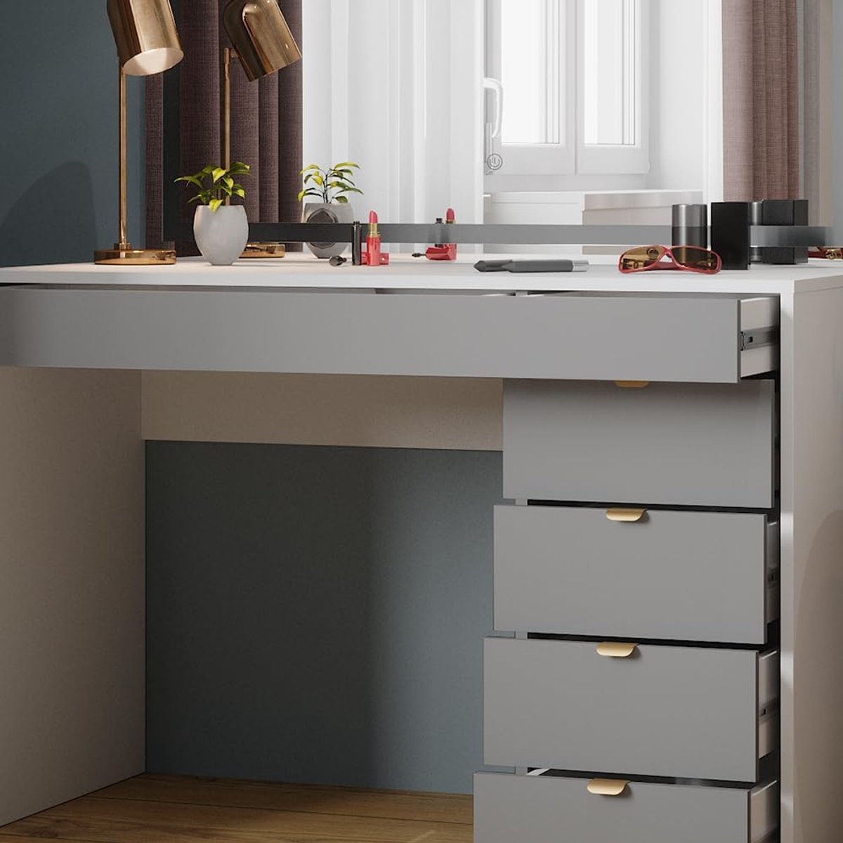 Elise Luxe LED Kaptafel met Spiegel en 4 Lades 115x55x76 cm Wit/Grijs