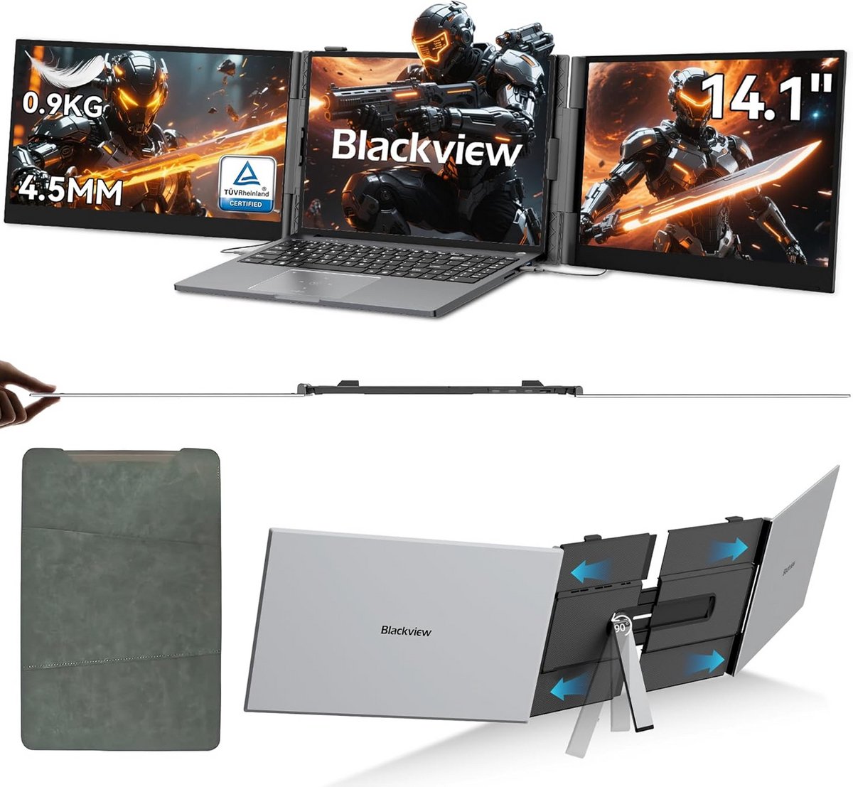 Blackview DCM6 laptop schermuitbreiding - 1 KG, 14 inch FHD 1080P draagbare monitor voor 13.3-17.3 inch laptops, HDMI/USB-A/USB-C monitor voor Mac/Windows/Android/Chrome, plug-and-play