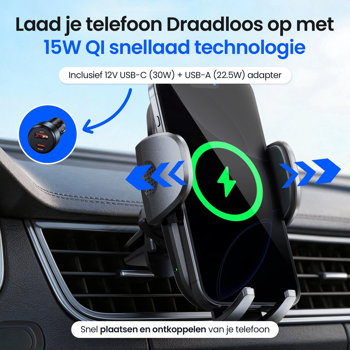 Siltcon® Telefoonhouder Auto 15W QI Draadloze Oplader - Telefoonhouders Auto - Extra Sterkte Zuignap voor Dashboard, Raam & Ventilatie - GSM Houder Auto - Auto Accessories – USB-C 30W – USB-A 22.5W – Snellader - 360° - Universeel alle Telefoons – foto 4